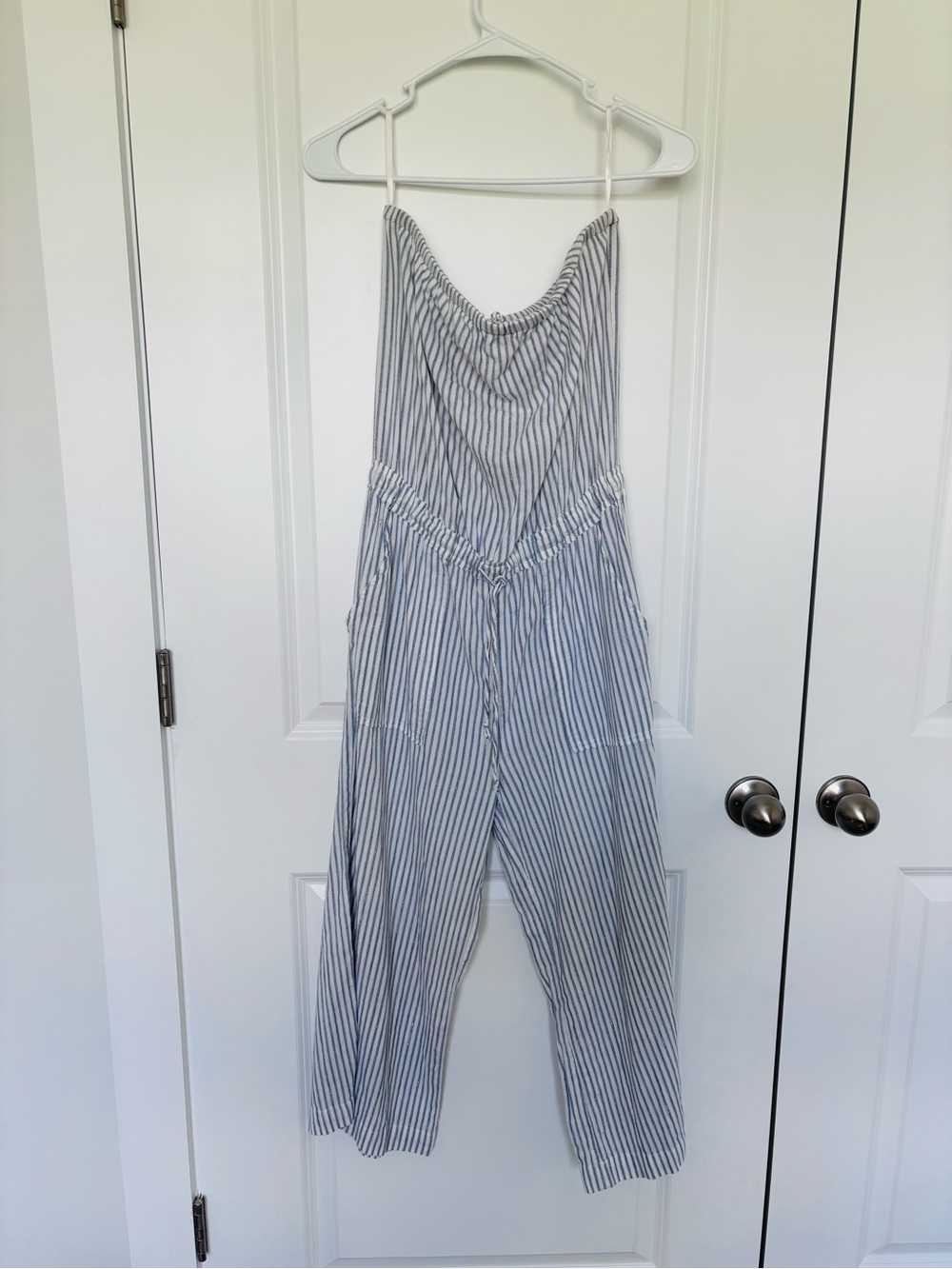 GAP Blue and White Vertical Stripe Strapless Jumpsuit